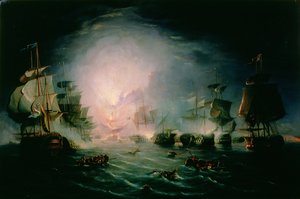 A explosão do navio do comandante francês &39;L&39;Orient&39; na Batalha do Nilo, 1798